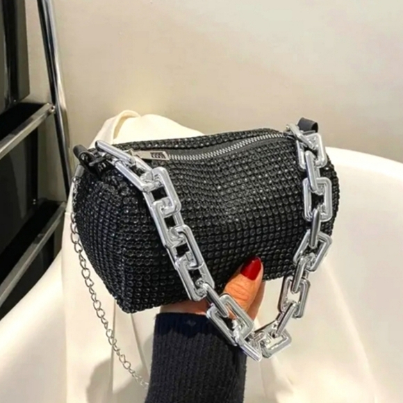 #R New Woman's Chain Rhinestone Mini Barrel Crossbody Purse Black Y2K Style - Picture 2 of 12